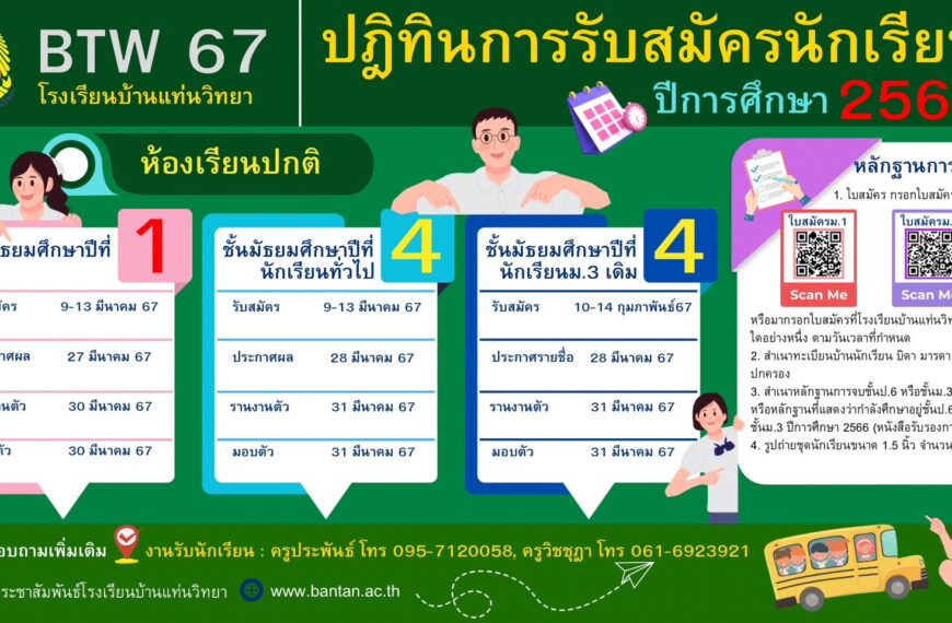 ประกาศรับสมัครนักเรียนใหม่ ปีการศึกษา 2567